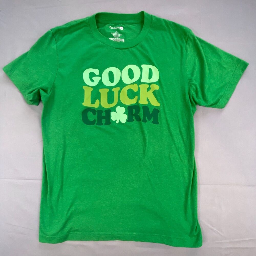 Celebrate It Adult Size L Green Good Luck Charm Shamrock Graphic Tee St Patricks